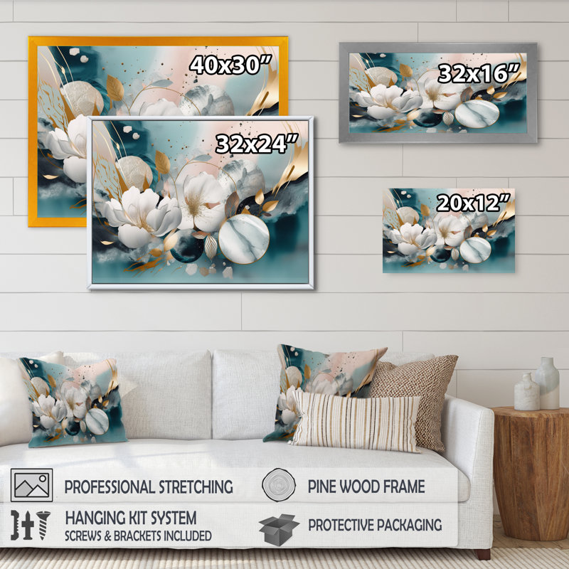 «Blue Marble Gold Floral Impressions V», art mural sur toile florale, L 20 po x H 12 po, Cadre photo noir