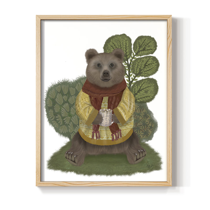 Reproduction encadrée d'ours chocolat chaud - bois massif, H 11 po x l 9 po