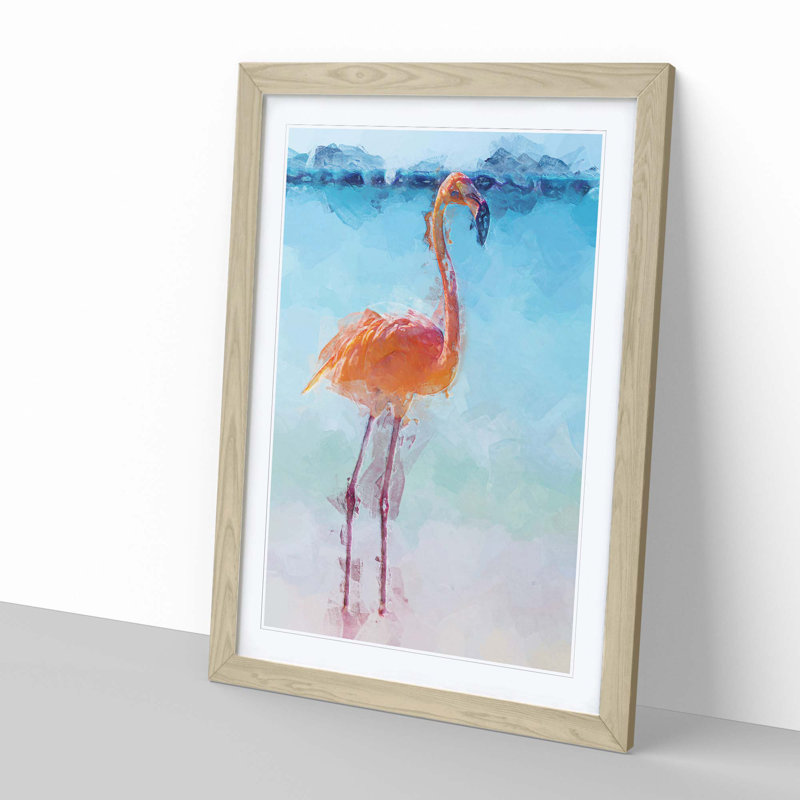 Lone Flamingo in Abstract - Picture Frame Graphic Art Print, Oak, 76cm H x 50cm W x 2cm D