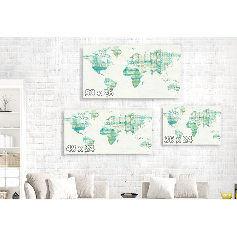 Carte Kanari, Shibori, aquarelle, bleu sarcelle, vert, bleu, crème, blanc, carte du monde, Continents