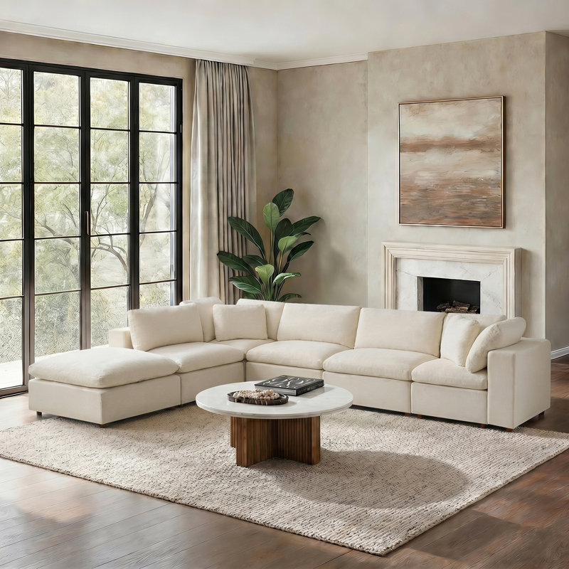 Merritt Modern Cloud Down Filled Oversized Sectional Couches With One Ottoman, Linen Polyester