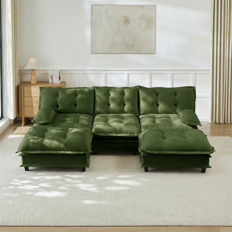 3-Seater U-Shaped Sectional, Green Chenille