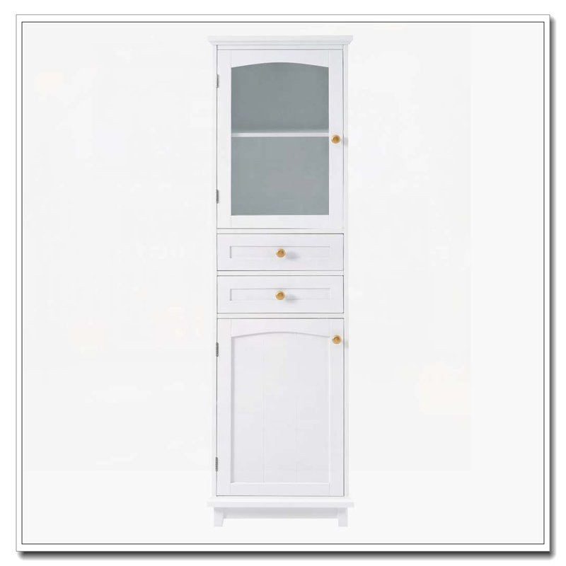 Bathroom Storage Cabinet with Glass Doors,2 Drawers, and Adjustable Shelves, White