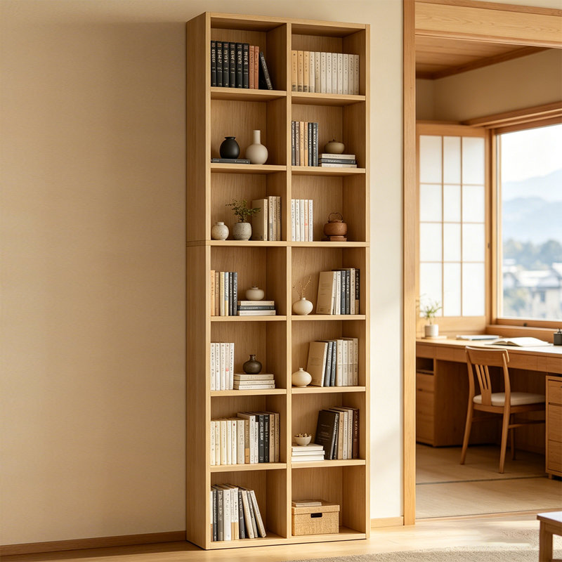 Bibliothèque 7 étages avec 14 cubes, bibliothèque double étroite avec 6 tablettes réglables, peu encombrante, Naturel