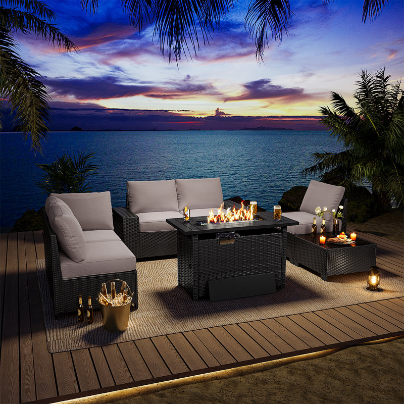 7-pieces Patio Furniture Set With 44" Propane Gas Fire Pit Table, Gray Cushion/Brown Frame