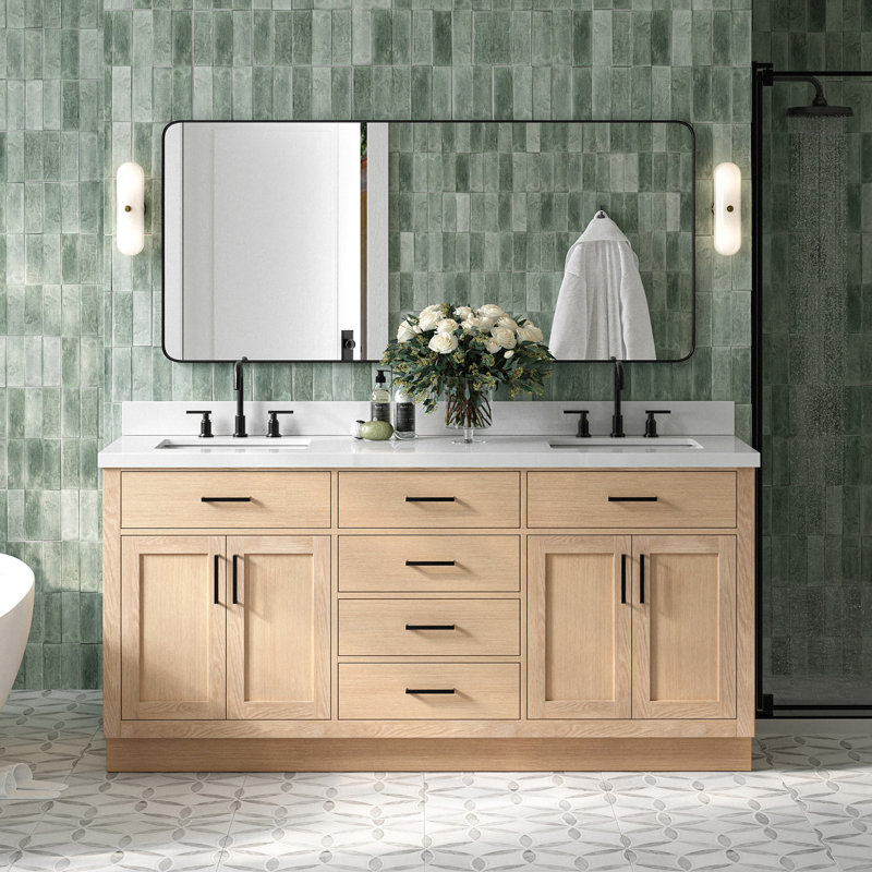 Meuble-lavabo double en bois massif 72 po Tidworth avec plateau en quartz blanc 1,5 po, Chêne, Forme rectangulaire