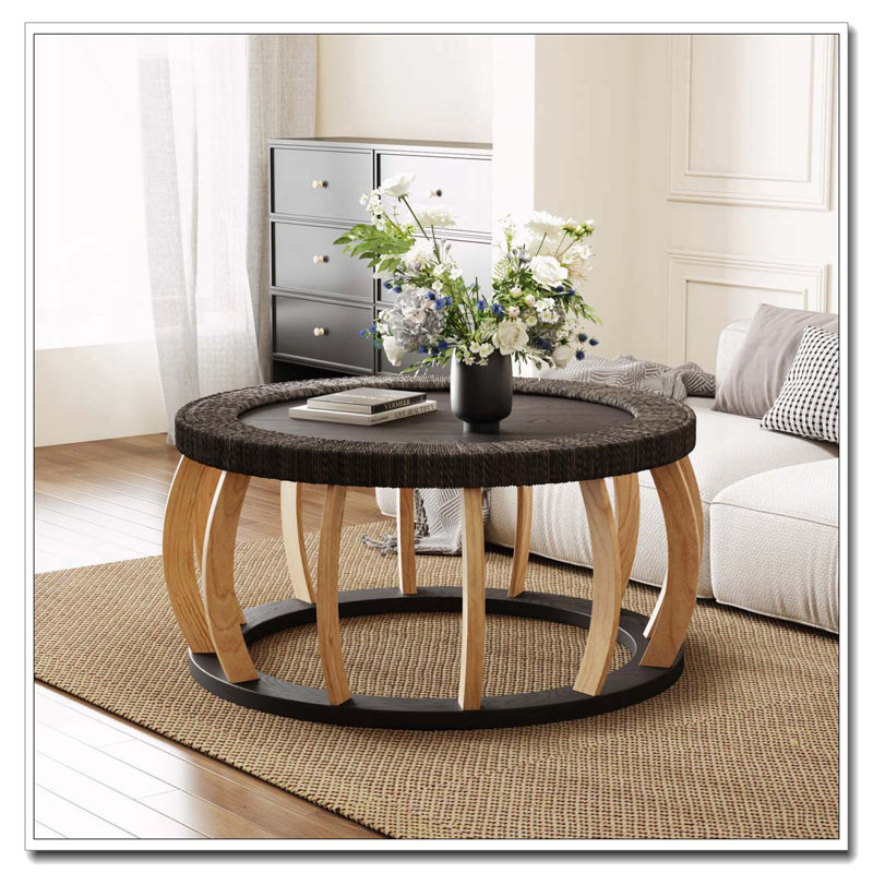 Table basse ronde en bois massif 35,43 po, Brun-noir