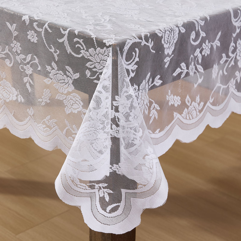Winston Porter Marlow Floral Lace Fabric Tablecloth, Lace Fabric Table Cloth for Round Tables, Wrinkle Resistant Tablecloth, Patterned Scalloped Tablecloth (Round, White)