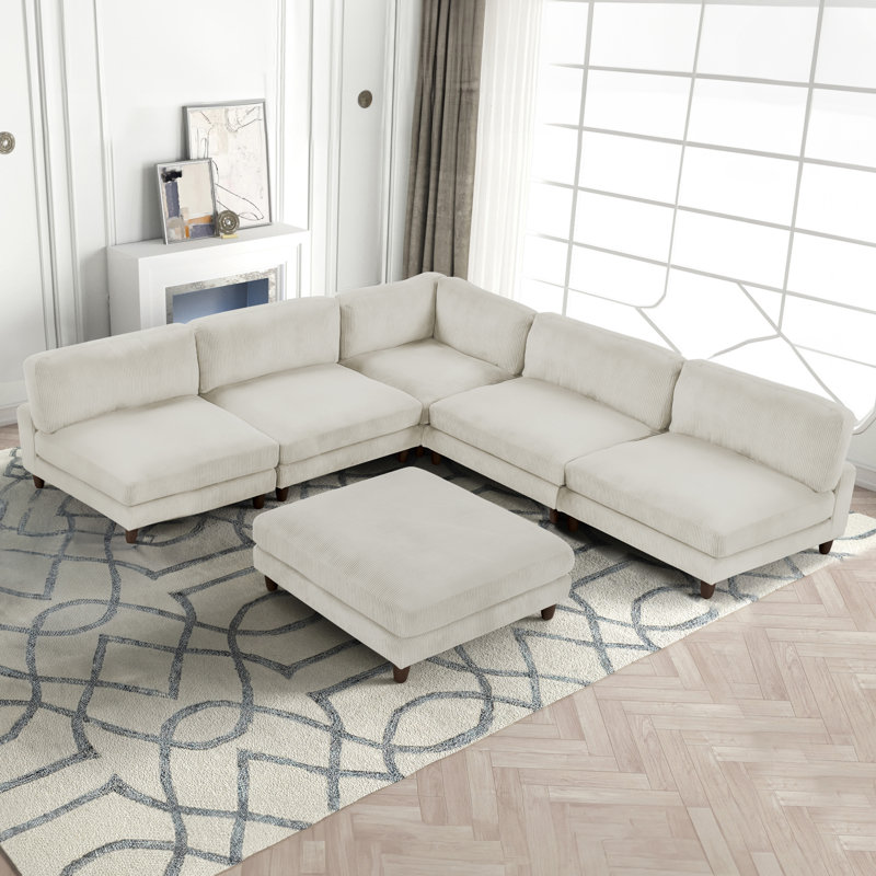 Canapé modulaire en L avec repose-pieds Avanna, Velours beige