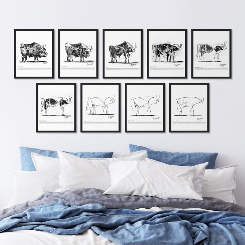 Ensemble de taureaux géométriques Pablo Picasso, dessin d'animaux encadrés sur papier, 9 pièces, H 14 po x l 11 po x P 1 po