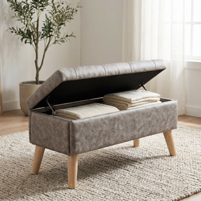 Banc avec repose-pieds 32 po avec plateau intégré, repose-pieds rembourré en velours flocon de neige pour chambre à coucher et salon, gris