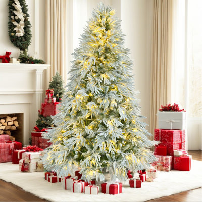 Arbre de Noël enneigé en épinette pré-éclairé, arbre de Noël articulé artificiel avec 300 lumières DEL multicolores, 8 modes de clignotement et 790 pointes de branches de neige, décoration de bureau de vacances