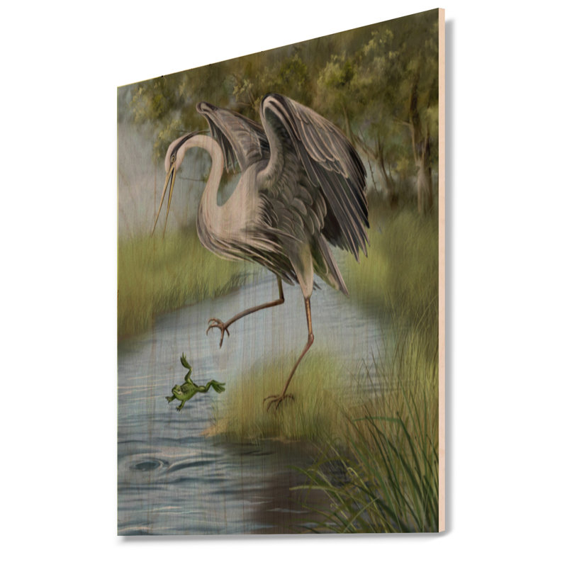 Grue chassant une grenouille dans l'eau - Imprimé campagnard, H 20 po x l 12 po x P 1 po, Bois de pin