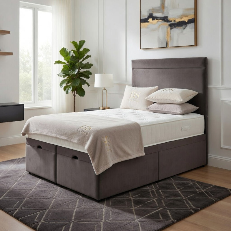 Upholstered Ottoman Bed, Grey, Double