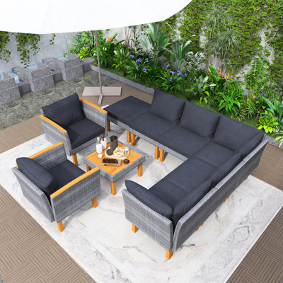 Outdoor Conversation Set , 9-Piece Patio Rattan Furniture Set, With Acacia Wood Legs And Tabletop PE Rattan Sectional Sofa Set With Coffee Table, Washable Cushion, Gray