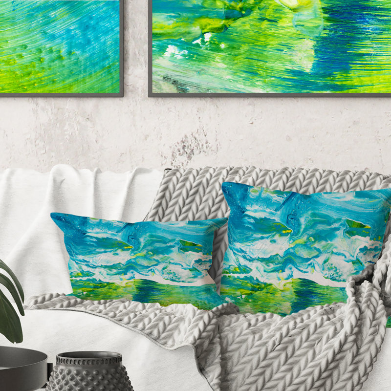 Coussin décoratif à imprimé abstrait bleu et vert, 18 po x 18 po