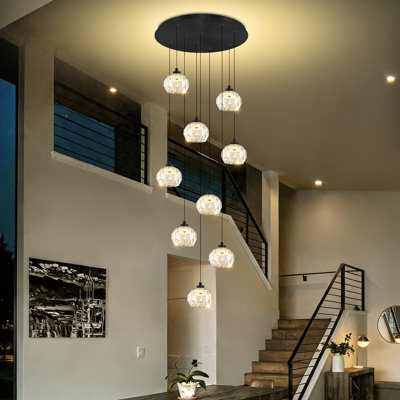 D20''x H100'',9-Light Black Modern  Integrated LED crystal Chandelier  High Ceiling Compatible Adjustable Heigh Large Pendant  for Living Room Bedroom, Dining Room Chandelier Over Table