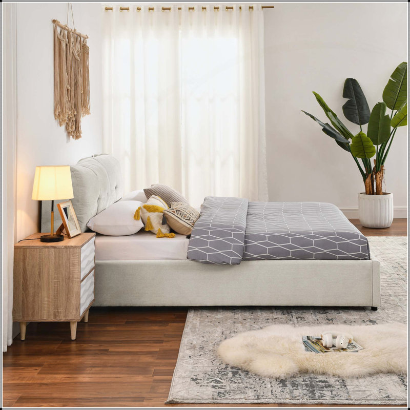 Grand lit de rangement tapissier en chenille avec tête de lit intégrée et relevage hydraulique, beige, Beige, Grand