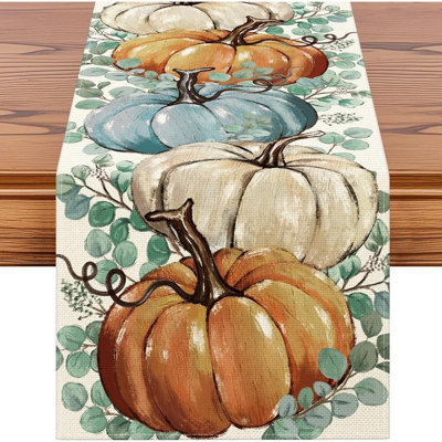 Fall Pumpkins & Eucalyptus Leaves Table Runner – Autumn Thanksgiving Table Decoration for Kitchen, Dining Table & Home Décor