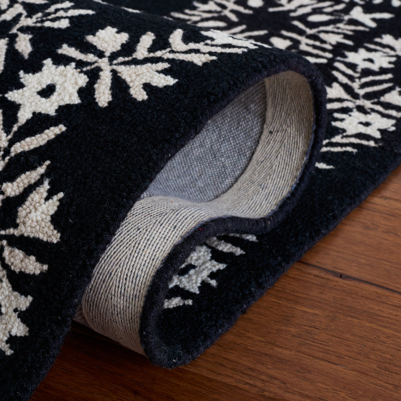 Tapis floral en laine touffeté à la main noir / ivoire, Tapis de couloir 2 pi 3 po x 9 pi
