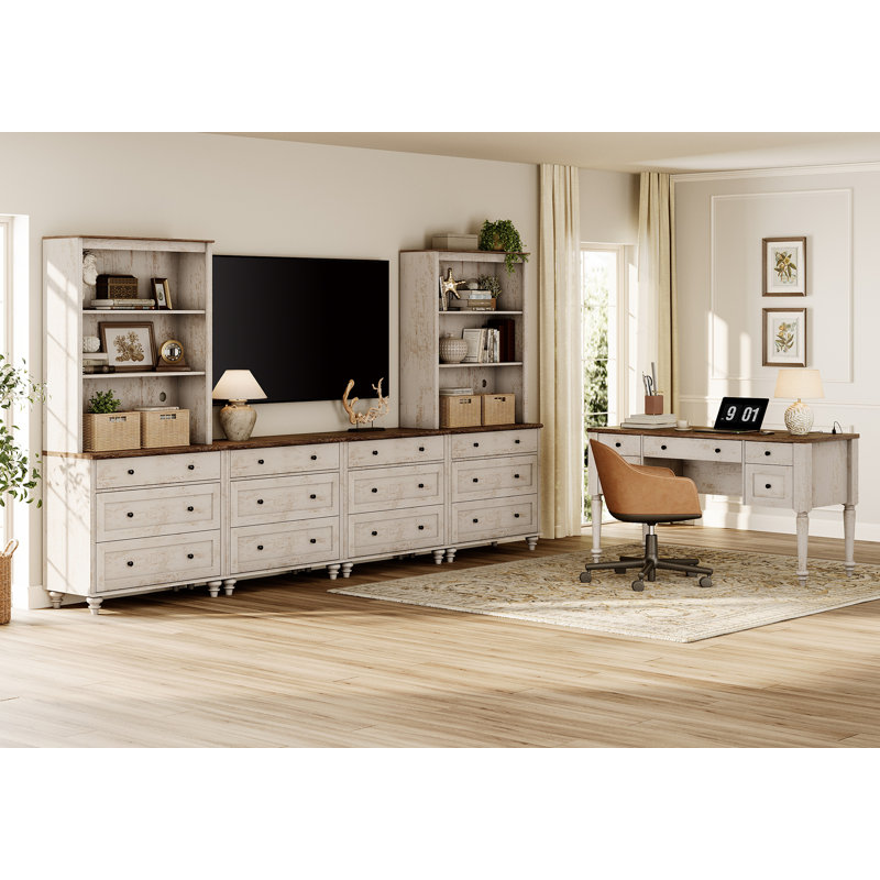 Ensemble de bureau et de meuble télé de style campagnard, centre de divertissement avec tablettes pour téléviseurs de 75 po ou moins, armoire de rangement en verre avec amplement d'espace, bureau d'écriture pour le bureau personnel et le salon