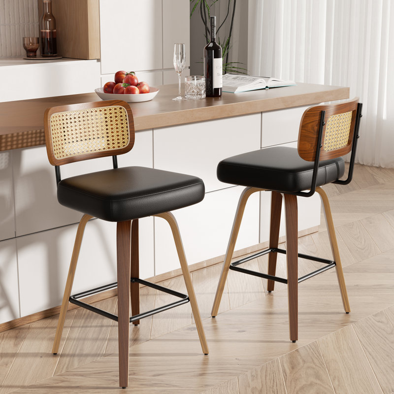Élégant tabouret de comptoir pivotant avec dossier rembourré en rotin doux, Noir