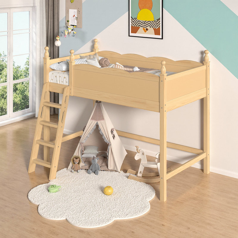 Lit mezzanine en bois massif UnaCubby avec garde-corps pleine longueur et échelle intégrée, Lit simple, Naturel