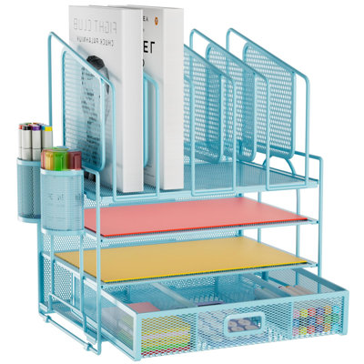 4-Tier Mesh Desk File Organizer with 5 Vertical File Holders and 2 Pen Holders, Multifunction Desktop Organizer,(Blue)