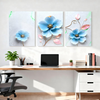 Blue Poppy Flower 3D Canvas Wrapped Wall Art (Set of 3) Modern Floral Art for Living Room, Bedroom, or Home Decor
