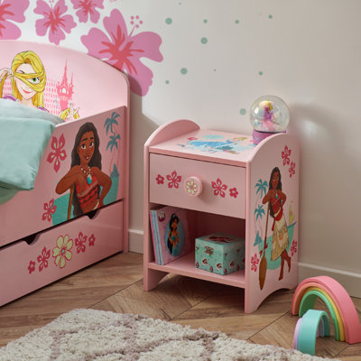 Disney Princess Moana & Rapunzel Bedside Table: Sturdy Engineered Wood Construction featuring a 2-tier Design for Ample Storage, Small Side Table with Drawer and Storage Shelf for Kid's Bedroom