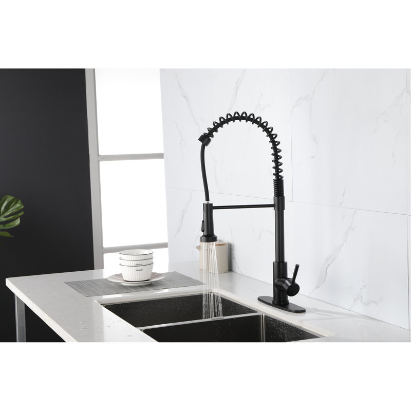 Pull-Out Spray Kitchen Faucet In Stainless Steel - Matte Black, , Water Flow, Single Handle , 360 Swivel Nozzle,