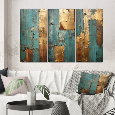 «Kintsugi Retro Glam Vintage Gold On Turquoise II», 3 pièces sur toile