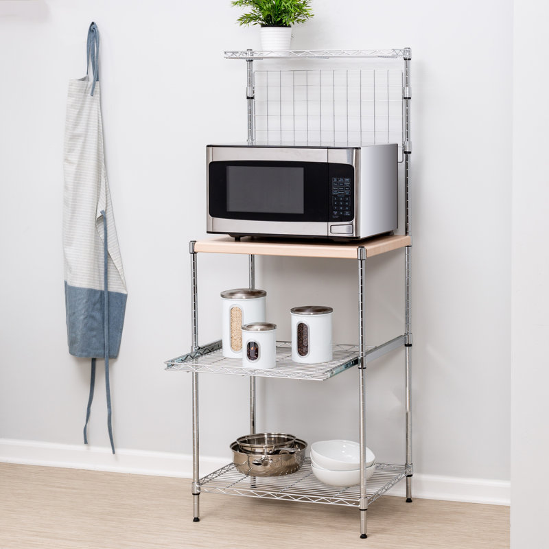 Chrome 3-Shelf Microwave Bakers Rack with Maple Cutting Board