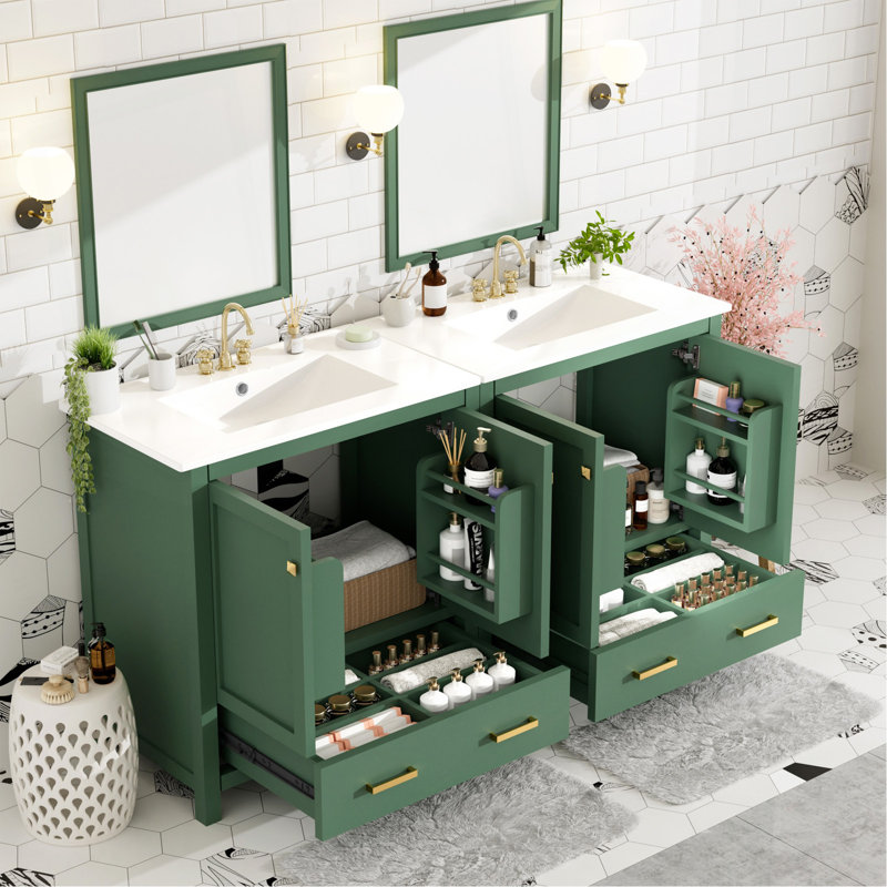 Ensemble de meuble-lavabo vert 60 po avec double meuble-lavabo (séparé), double lavabo en céramique, tablette de rangement et tiroirs séparés (miroir non inclus) - Solution de salle de bain moderne pour salles de bain spacieuses