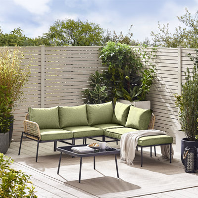 Alahni Outdoor 4-5 Seat Corner Sofa with Cushions and Coffee Table - Modern Rattan (Cover Included)