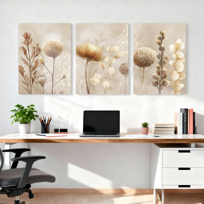 Ensemble de 3 tableaux sur toile tendue, motif de fleurs séchées beiges inspirées par la nature