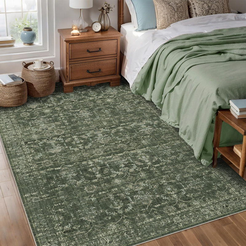 Vintage Boho Area Rug - Washable Non Slip Low Pile Rug, Rectangle 6' x 9', Dark Green