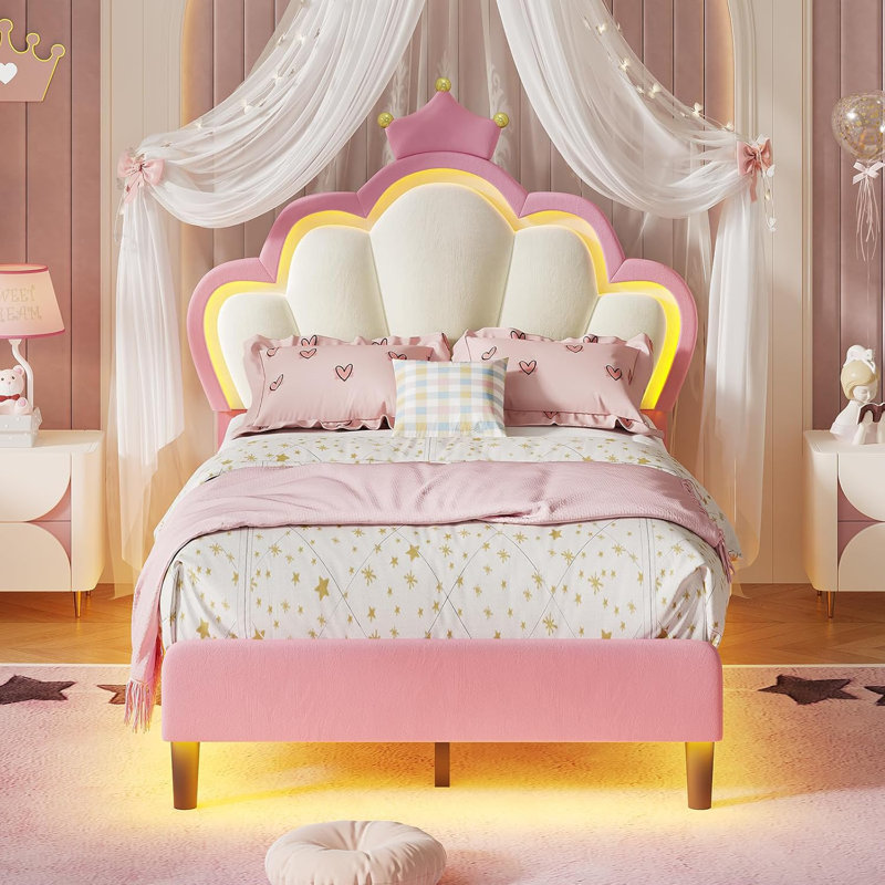 Bed Frame With Led Lights, Girls Full Bed With Princess Crown, Led Velvet Upholstered Platform Bed Frame With Adjustable Headboard, No Box Spring Needed
