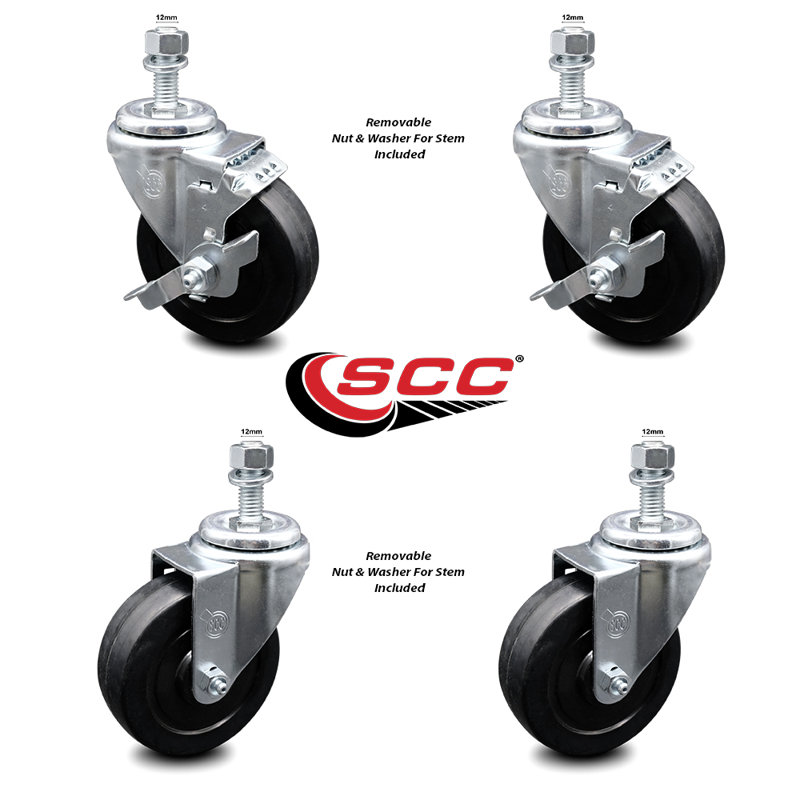 Rubber 12MM Threaded Stem Caster Set 2 Brakes SCC