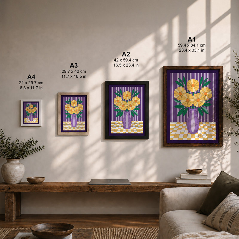Flowers in Purple Vase Mid-Century - Framed Print, A3 - 42.0 x 29.7 cm, Black