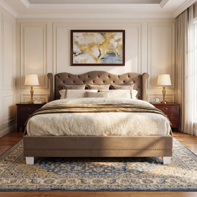 Garrison Modern Glam Velvet Upholstered Platform Bed with Tufted Wingback Headboard, Nailhead Trim & Wood Slat Support