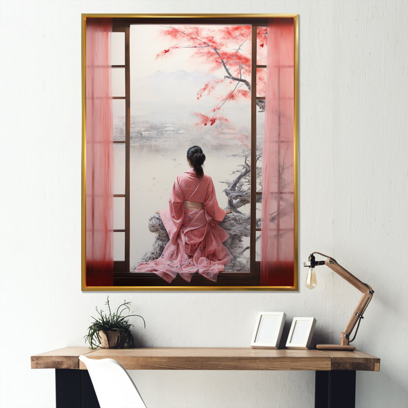 Rose, Japon, vue de fenêtre, femme II - Japon, art mural, Cadre flottant doré, H 20 po x l 12 po x P 1 po