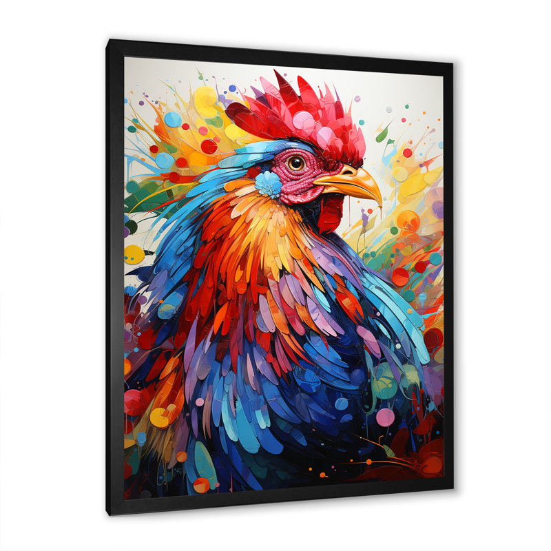 Coq coloré - décoration murale coq, H 44 po x l 34 po x P 1,5 po, Cadre simple noir