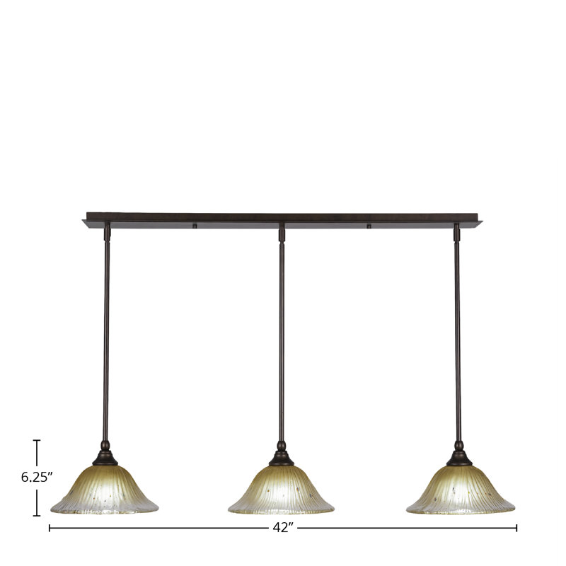 Luminaire suspendu linéaire sur pied 3 lumières avec verre cristal 10 po, Ambre, Bronze