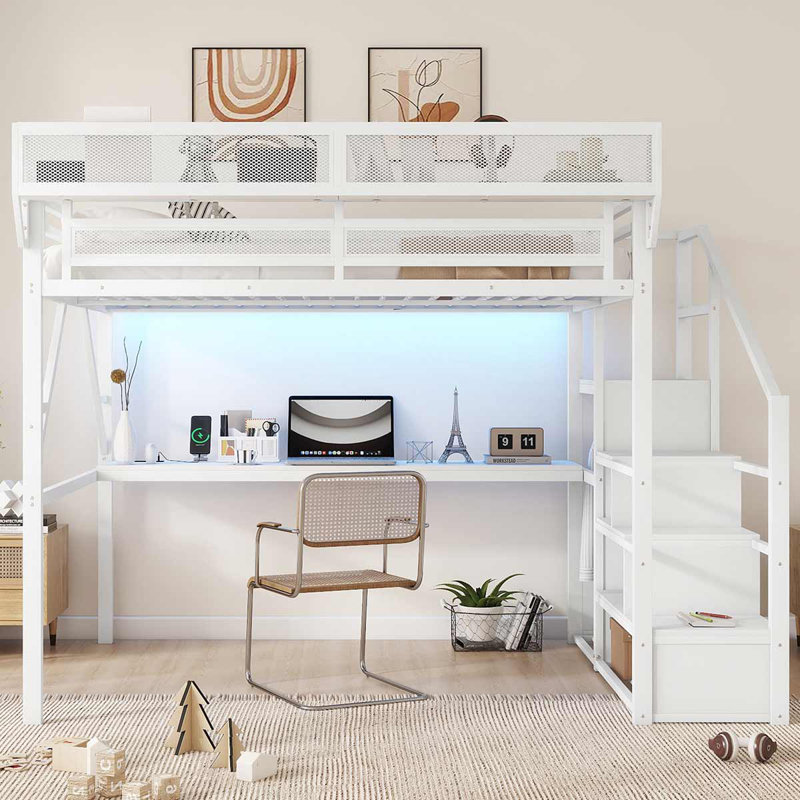 Lit mezzanine en métal avec bureau et station de charge Lit mezzanine avec lumière pour enfants adolescents, Blanc, Grand lit
