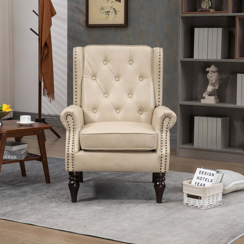 Fauteuil d'appoint robuste à structure en bois avec revêtement confortable pour la détente, Similicuir camel