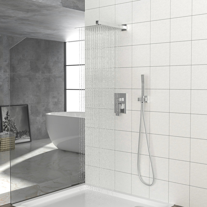 Dual Shower Head Square Wall Mounted - 12 Inch, Inch System With Heads On, Polished Chrome