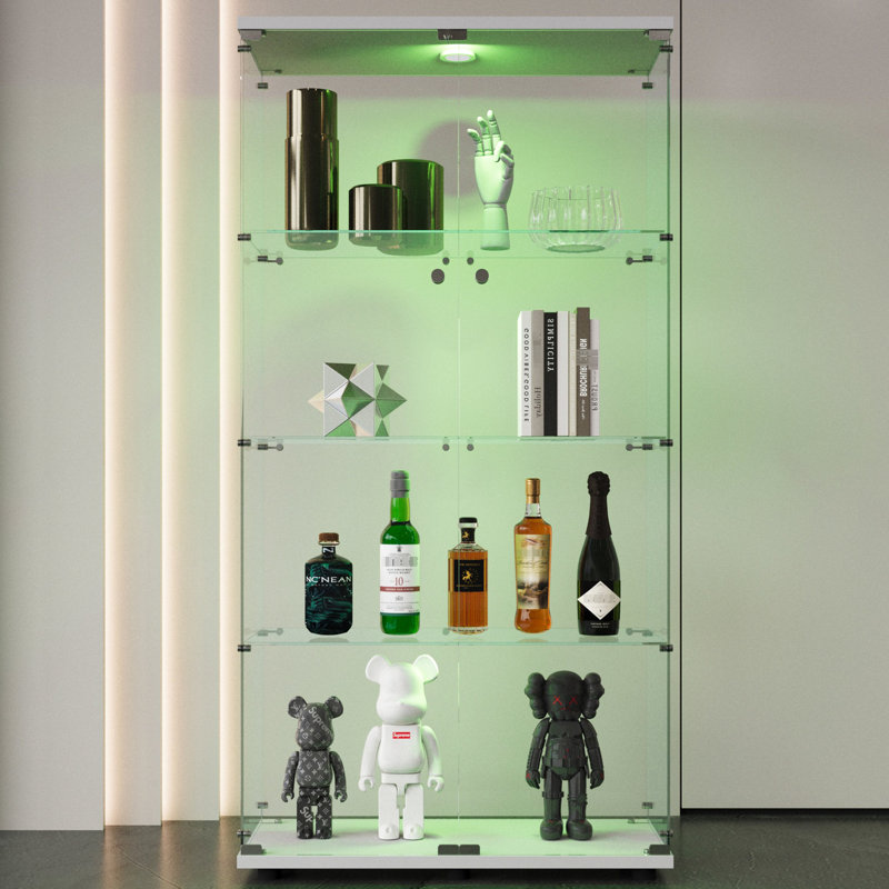 4 Shelves Two-door Glass Display Cabinet With Led Lights - Floor Standing For Living Room, Bedroom, Bungalow 64.7"*31.7"*14.3", White Tempered & Black Frame 2 Doors For Stairway