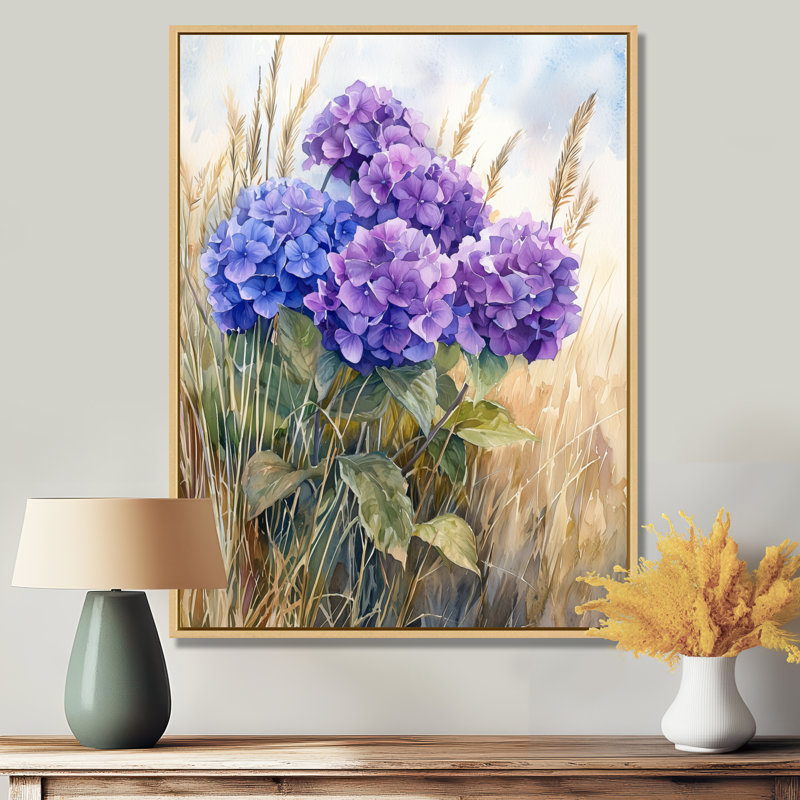 Farley, hortensias et herbes sauvages - hydrangées, reproduction d'art sur toile, H 32 po x l 16 po, Crème, crème