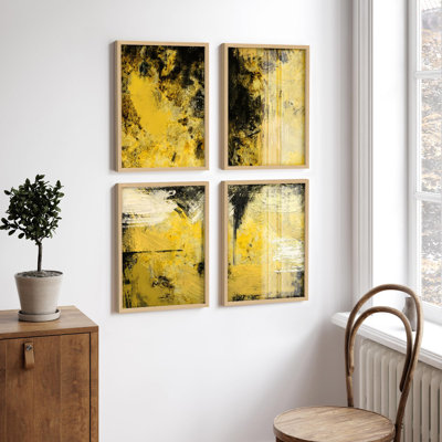 "Abstrait, art texturé jaune et noir", 4 pièces